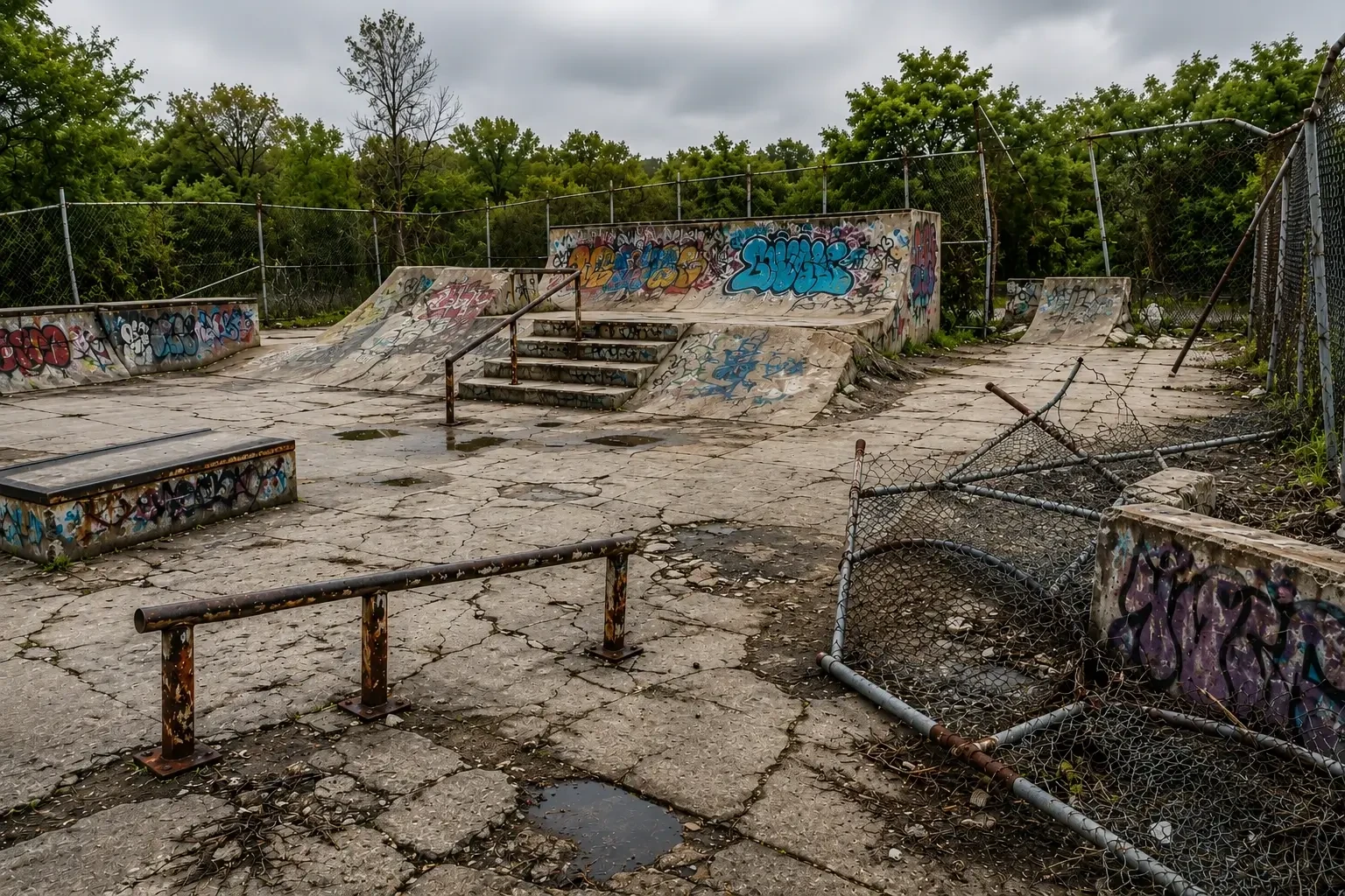 Neglected community skate park with cracked concrete, rusted rails, graffiti-covered ramps, and damaged chain-link fencing.